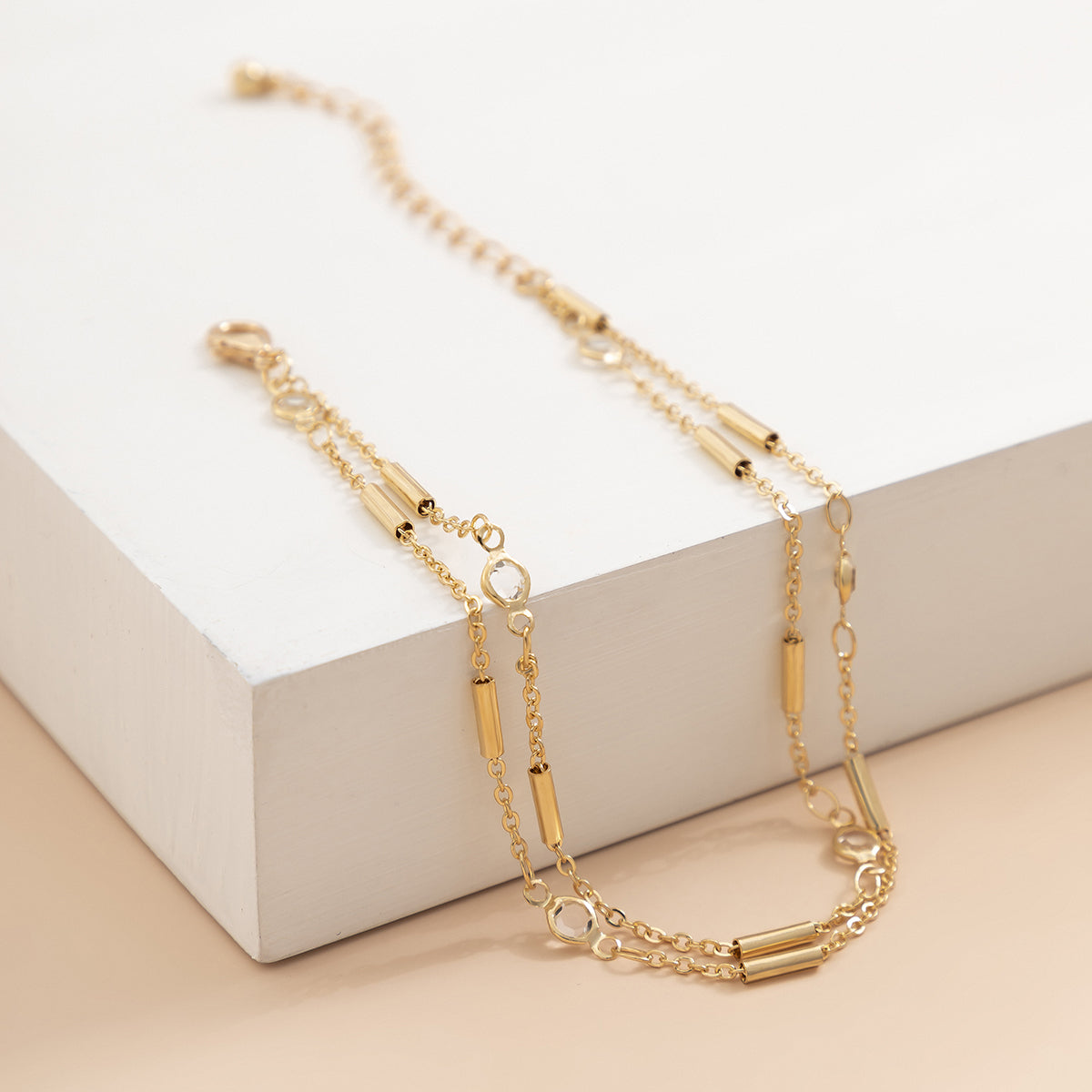 Cubic Zirconia & 18K Gold-Plated Tube Layered Anklet
