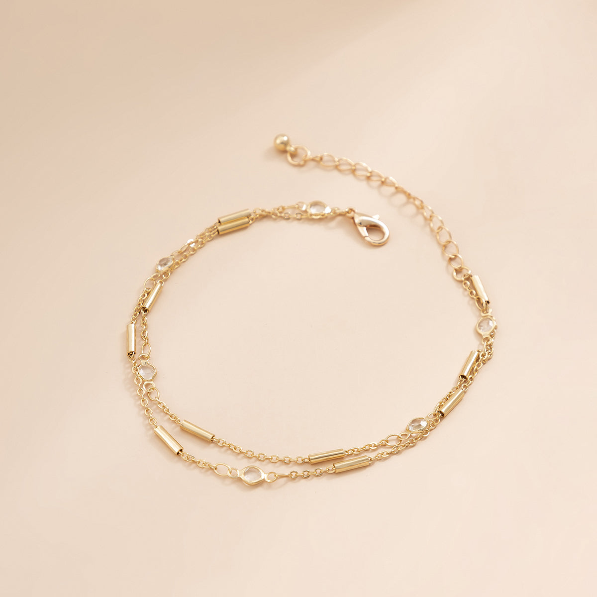 Cubic Zirconia & 18K Gold-Plated Tube Layered Anklet