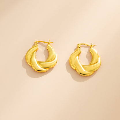 18K Gold-Plated Twist-Accent Huggie Earrings, gold huggie earrings, vintage-inspired design, detail close-up