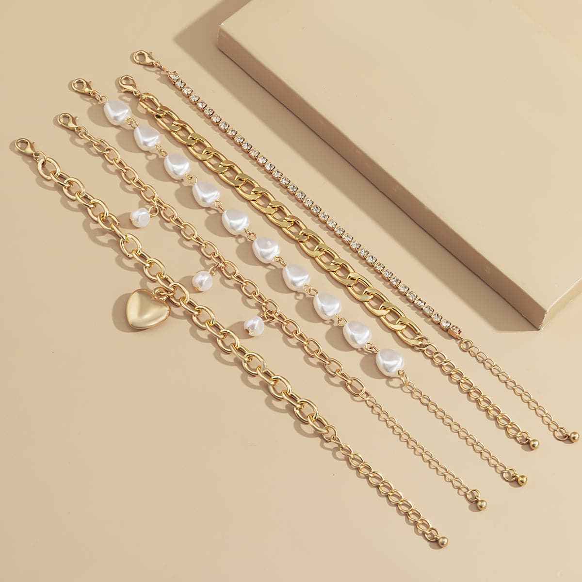 Pearl and Cubic Zirconia 18K Gold-Plated Heart Bracelet Set, jewelry gift sets for women, botanical inspired, styled look