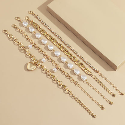 Pearl and Cubic Zirconia 18K Gold-Plated Heart Bracelet Set, jewelry gift sets for women, botanical inspired, styled look