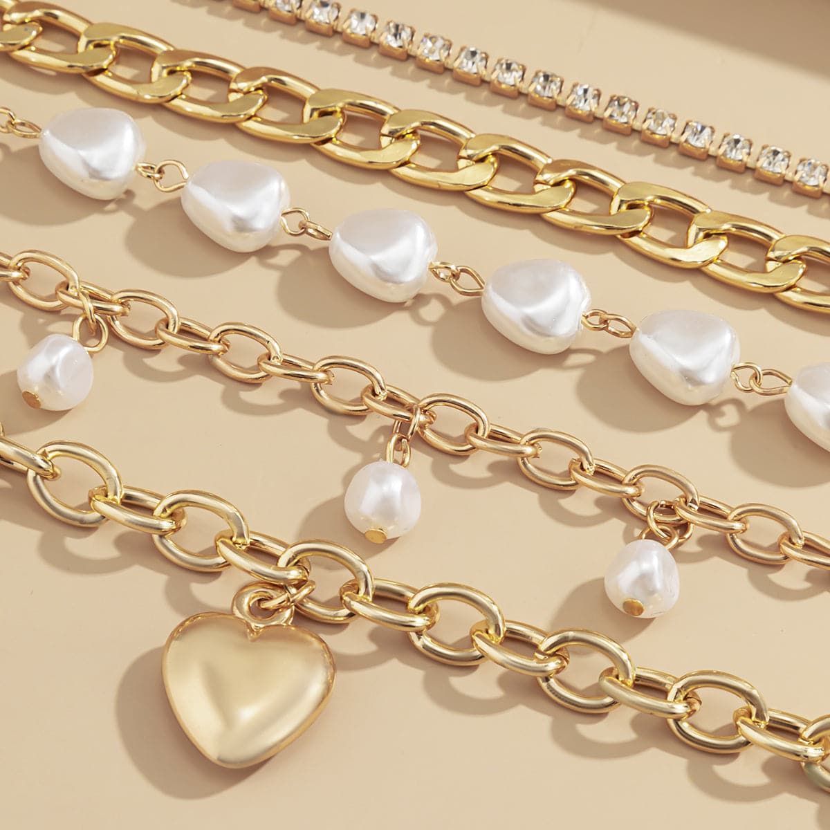Pearl and Cubic Zirconia 18K Gold-Plated Heart Bracelet Set, jewelry gift sets for women, botanical inspired, side view