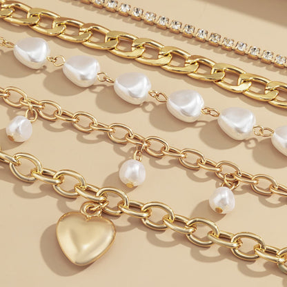 Pearl and Cubic Zirconia 18K Gold-Plated Heart Bracelet Set, jewelry gift sets for women, botanical inspired, side view