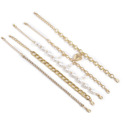 Pearl and Cubic Zirconia 18K Gold-Plated Heart Bracelet Set, jewelry gift sets for women, botanical inspired, detail close-up