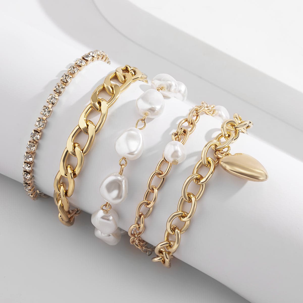 Pearl & Cubic Zirconia 18K Gold-Plated Heart Bracelet Set