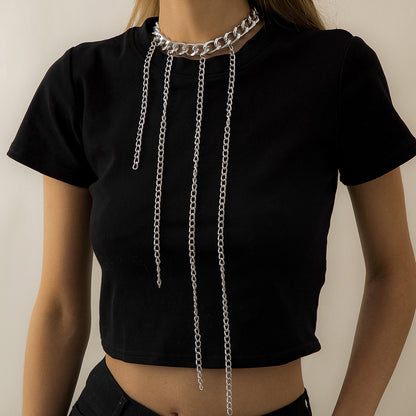 Silver-Plated Curb Chain Waterfall Tassel Choker Necklace, silver pendant necklace for women, detail close-up