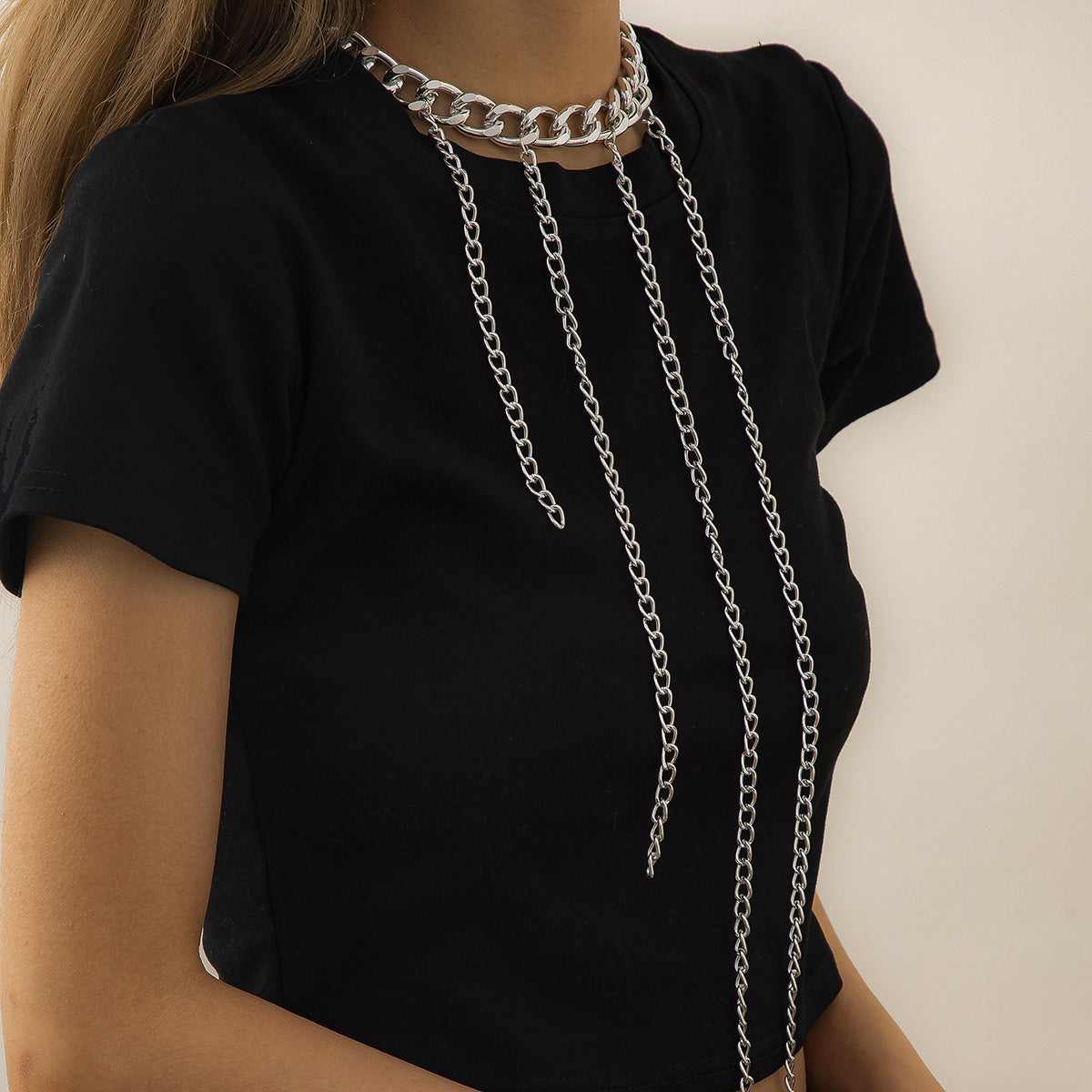 Silver-Plated Curb Chain Waterfall Tassel Choker Necklace, silver pendant necklace for women, lifestyle look