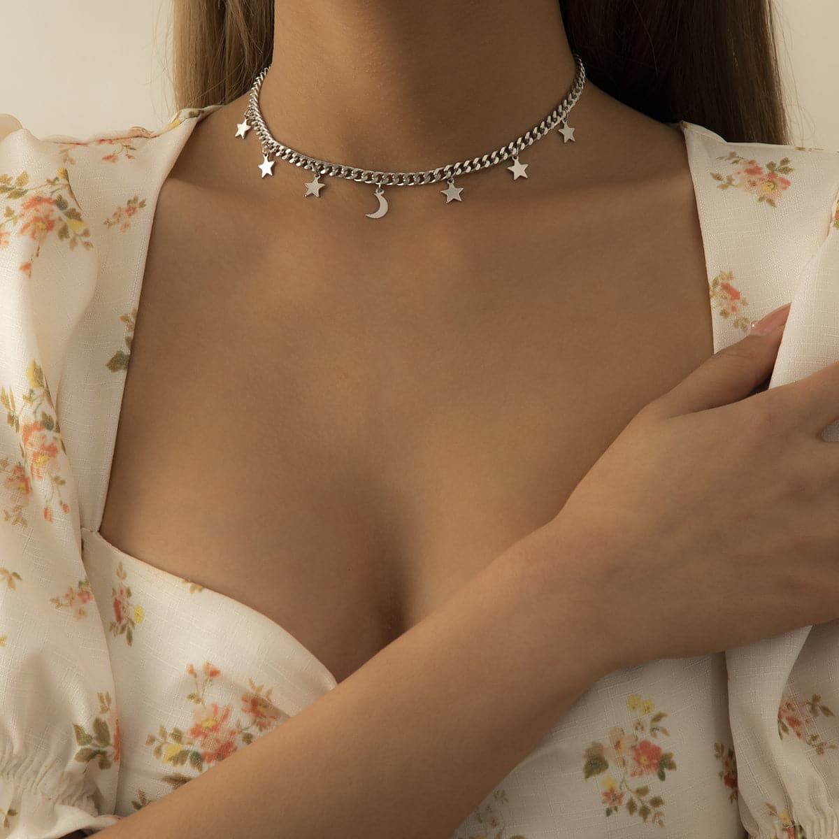 Silver-Plated Celestial Station Choker Necklace, chunky silver choker necklace, vintage-inspired design, side view