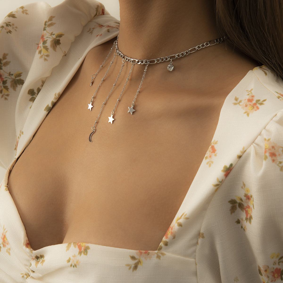 Cubic Zirconia & Silver-Plated Celestial Tassel Choker Necklace