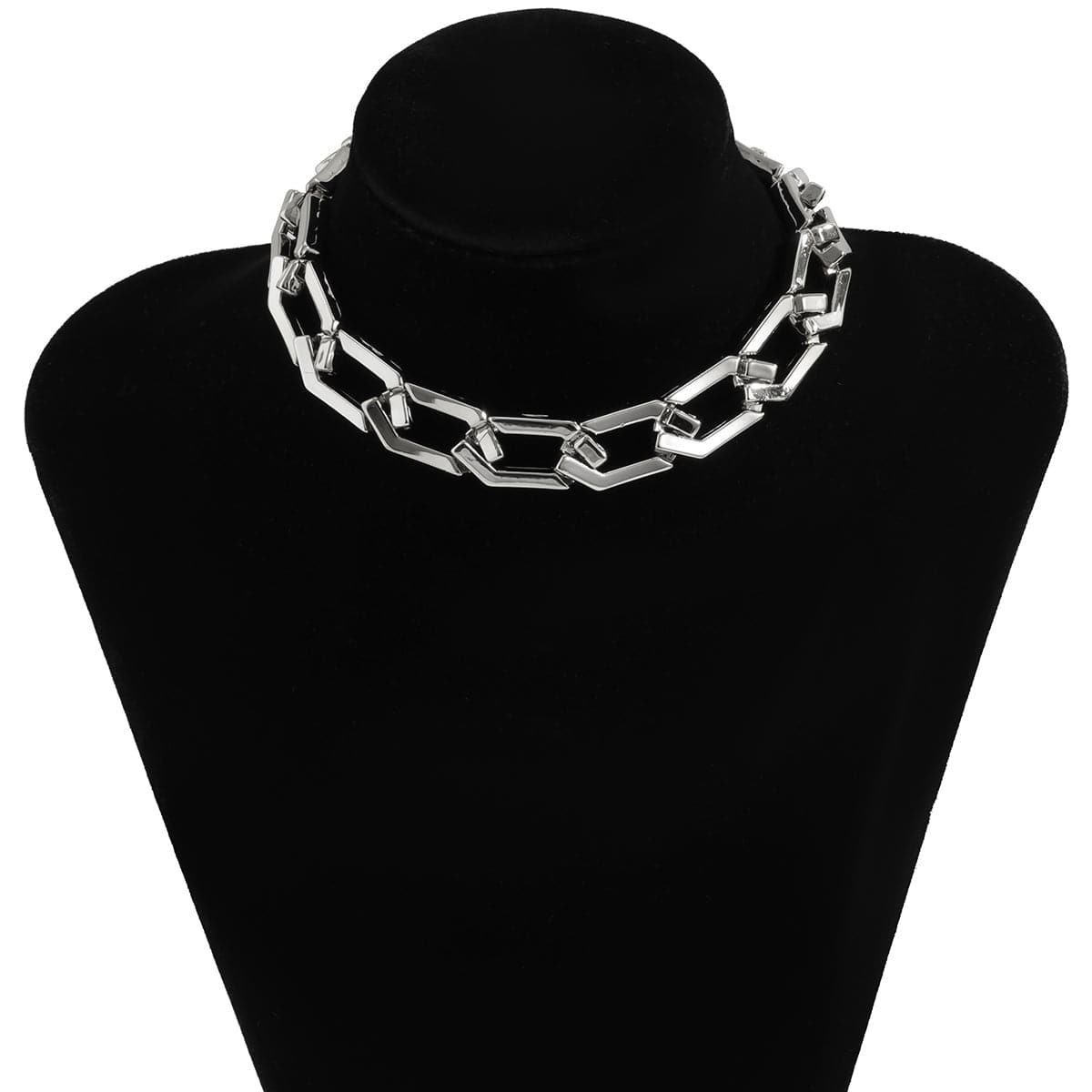 Silver-Plated Open Hexagon Choker Necklace, chunky silver choker necklace, botanical inspired, detail close-up