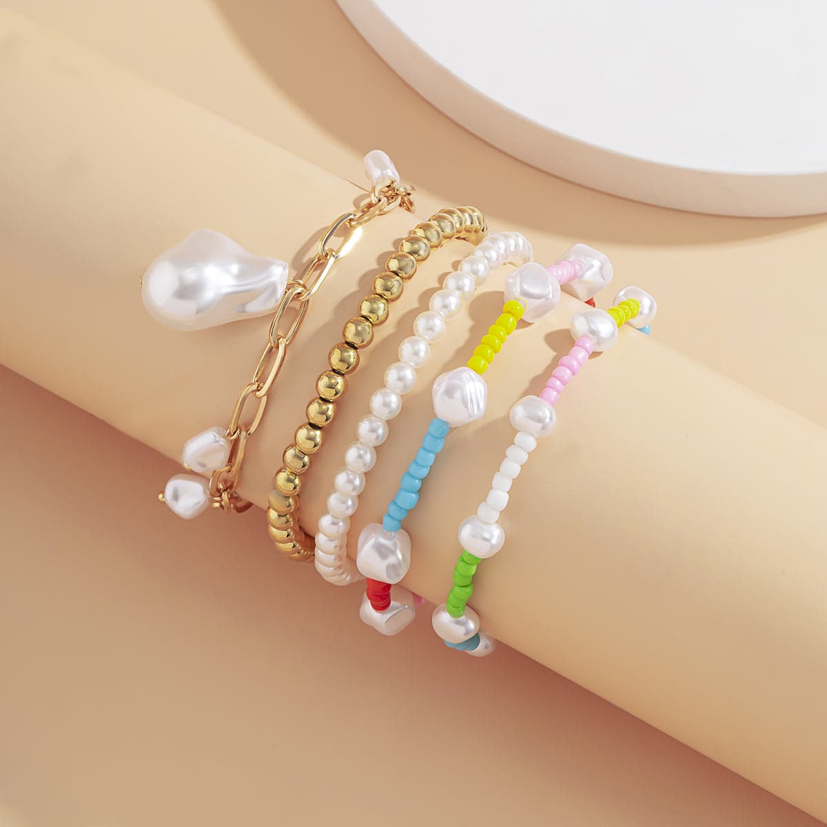 Blue Howlite & Pearl Color Block Beaded Stretch Bracelet Set
