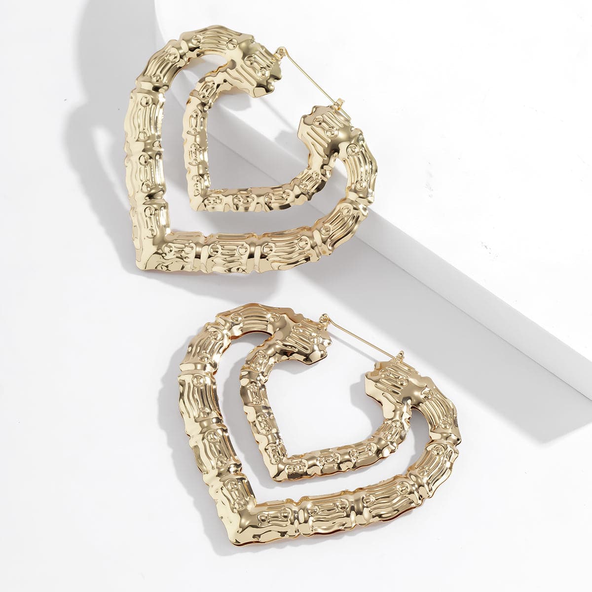 18K Gold-Plated Bamboo Layered Heart Hoop Earrings
