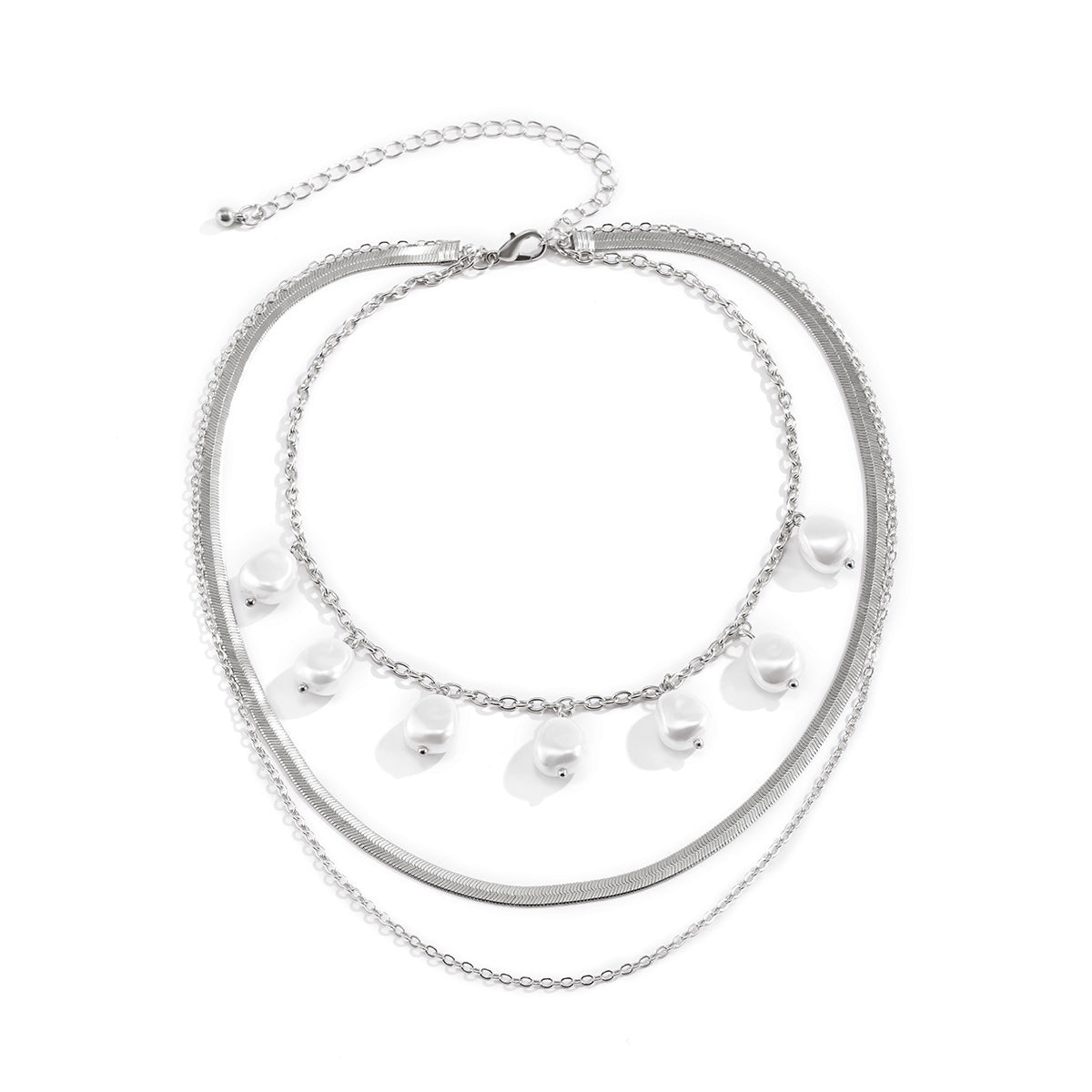 Pearl & Silver-Plated Drop Station Layered Chain Necklace