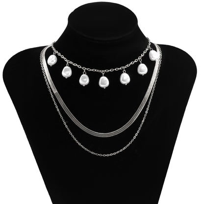 Pearl & Silver-Plated Drop Station Layered Chain Necklace