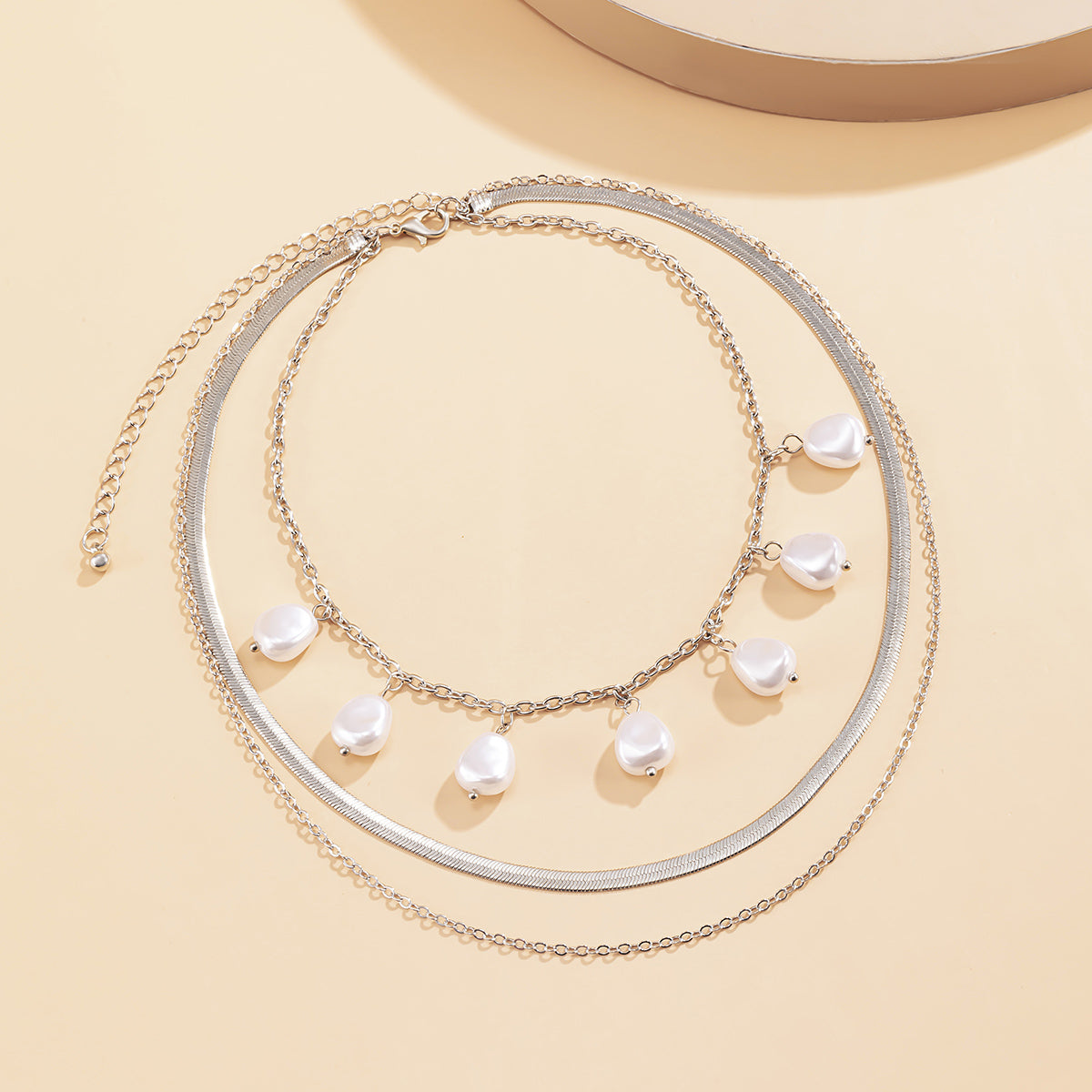 Pearl and Silver-Plated Drop Station Layered Chain Necklace, silver pendant necklace for women, styled look