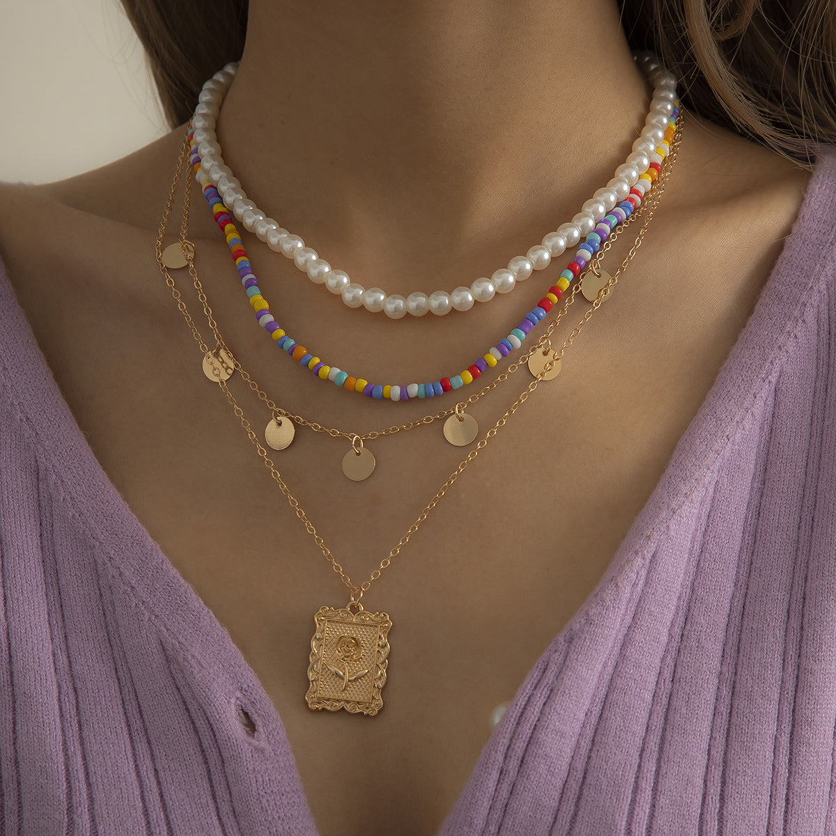 18K Gold-Plated Rose Card Pendant Necklace Set, jewelry gift sets for women, botanical inspired, side view
