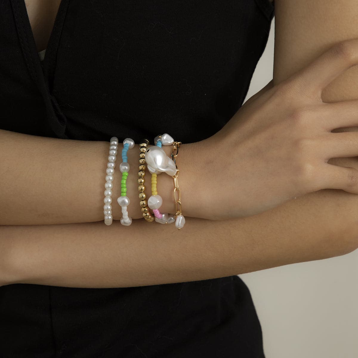 Blue Howlite and Pearl Color Block Beaded Stretch Bracelet Set, jewelry gift sets for women, side view