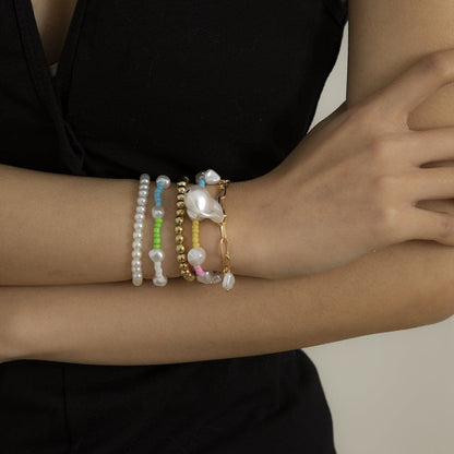 Blue Howlite and Pearl Color Block Beaded Stretch Bracelet Set, jewelry gift sets for women, side view