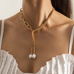 Pearl & 18K Gold-Plated Asymmetrical Chain Lariat Necklace