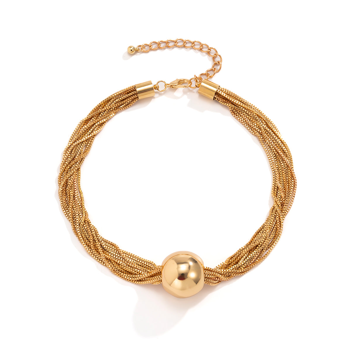 Luxurious 18K gold-plated ball chain necklace, showcasing a chic multi-chain collar style for a sophisticated look.