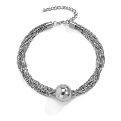 Silver-Plated Multi-Chain Ball Pendant Statement Necklace, chunky silver choker necklace, detail close-up