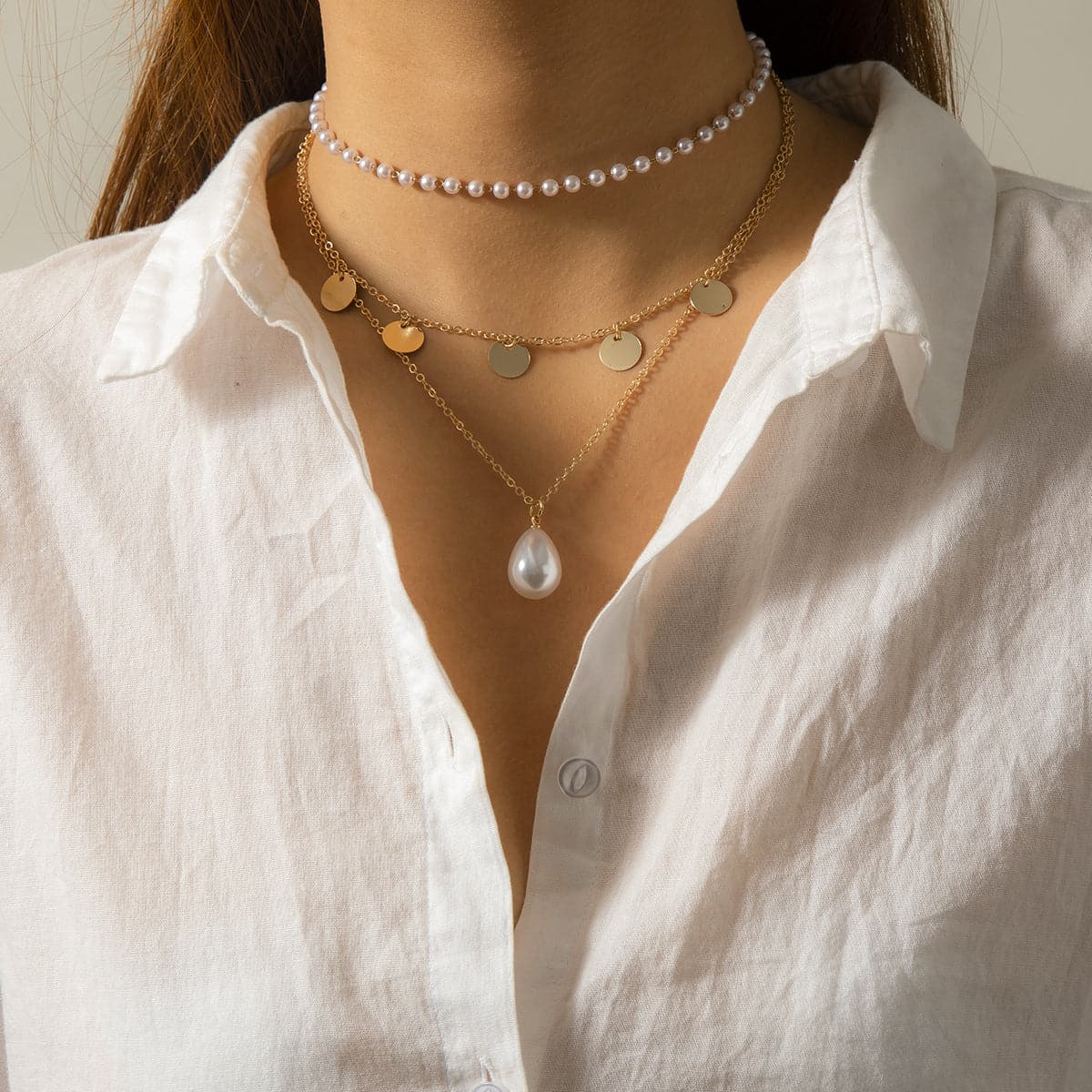 Pearl and 18K Gold-Plated Sequin Layered Pendant Necklace, gold pendant necklace for women, everyday style, side view