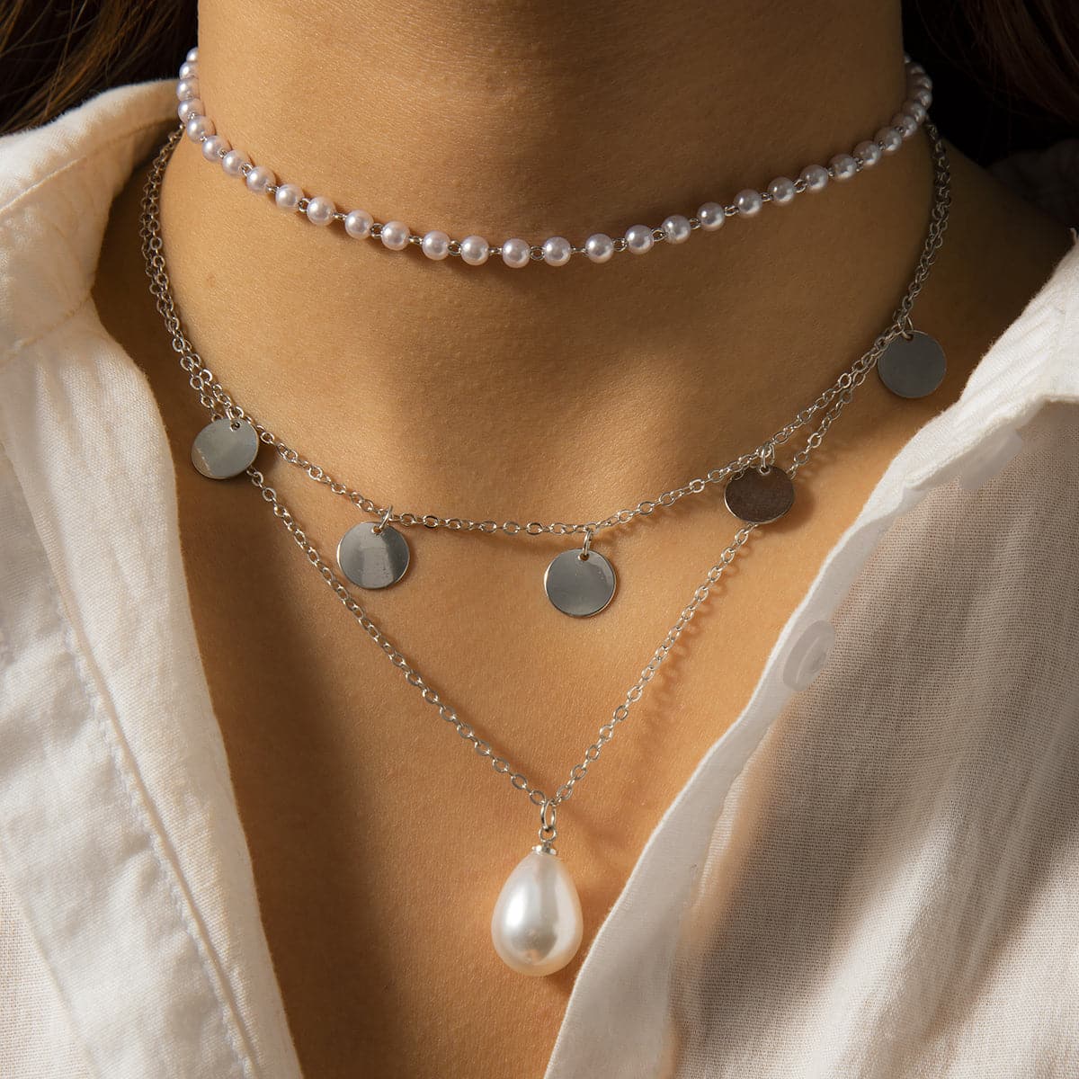 Pearl & Silver-Plated Sequin Layered Pendant Necklace