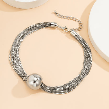 Silver-Plated Multi-Chain Ball Pendant Statement Necklace, chunky silver choker necklace, lifestyle look