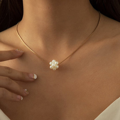 Pearl and 18K Gold-Plated Cluster Pendant Necklace, gold pendant necklace for women, botanical inspired, front view