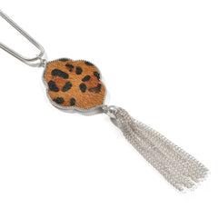 Tan & Platinum Leopard Lattice Tassel Pendant Necklace