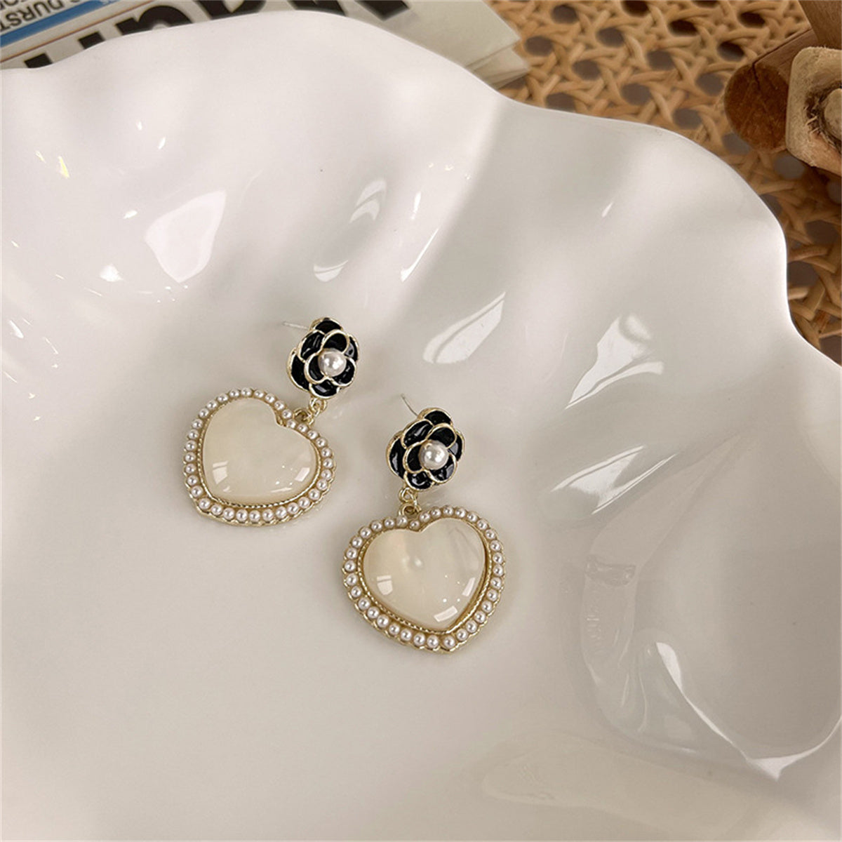 Pearl & Black Enamel Flower Heart Drop Earrings