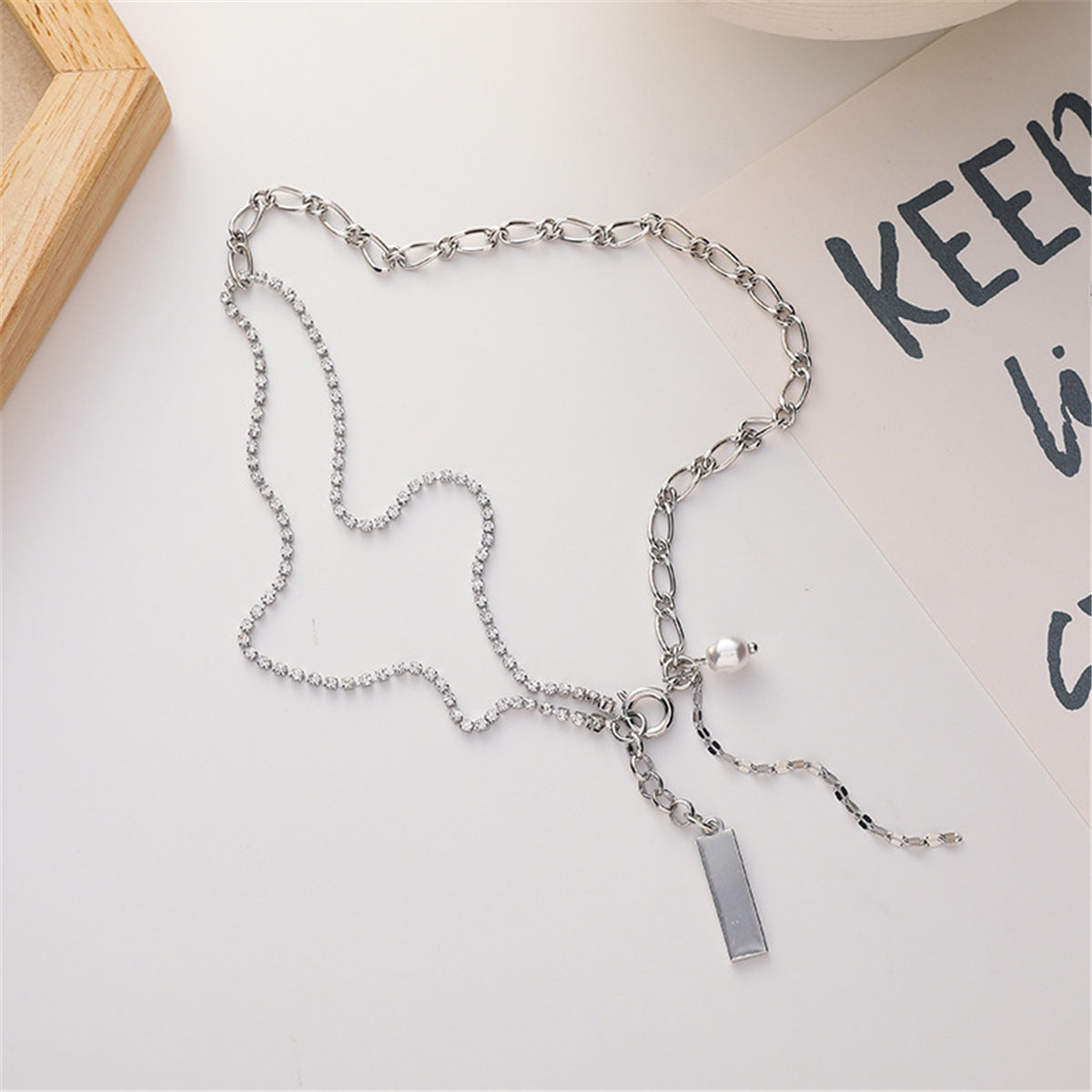 Pearl & Silver-Plated Figaro Chain Lariat Necklace