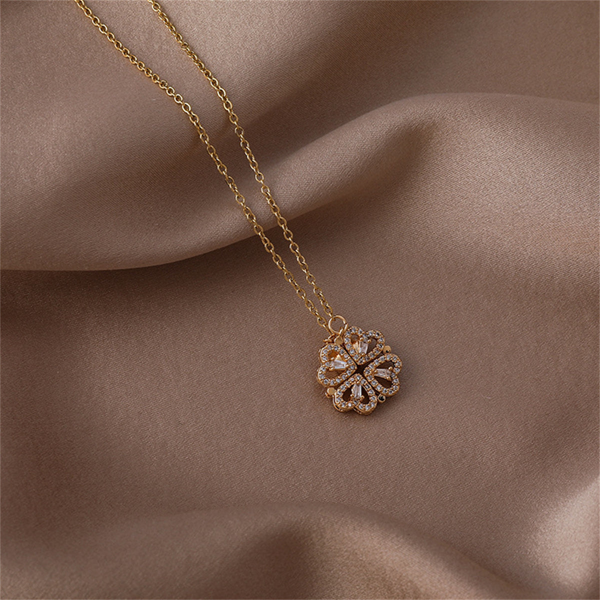 Cubic Zirconia & 18K Gold-Plated Heart Clover Pendant Necklace