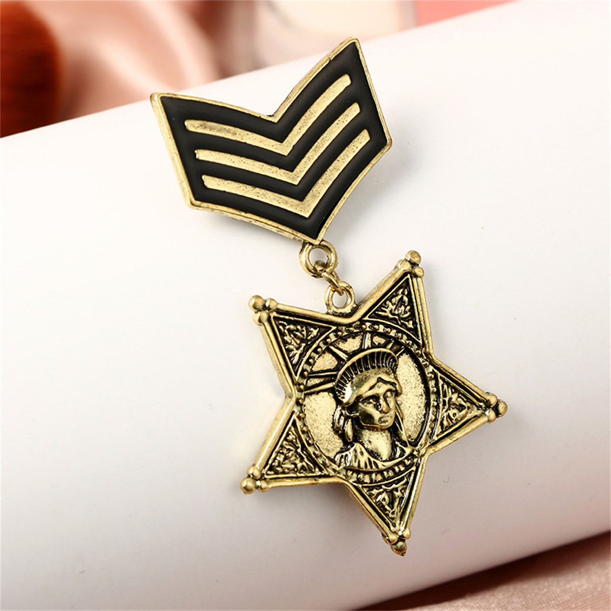 18K Gold-Plated Lady Liberty Star Chevron Drop Brooch