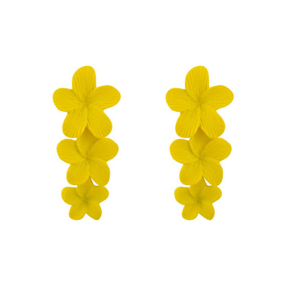 Yellow Enamel and Silver-Plated Linked Flower Drop Earrings, silver drop earrings for women, everyday style, front view