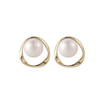 Pearl and 18K Gold-Plated Stud Earrings, gold stud earrings for women, botanical inspired, front view