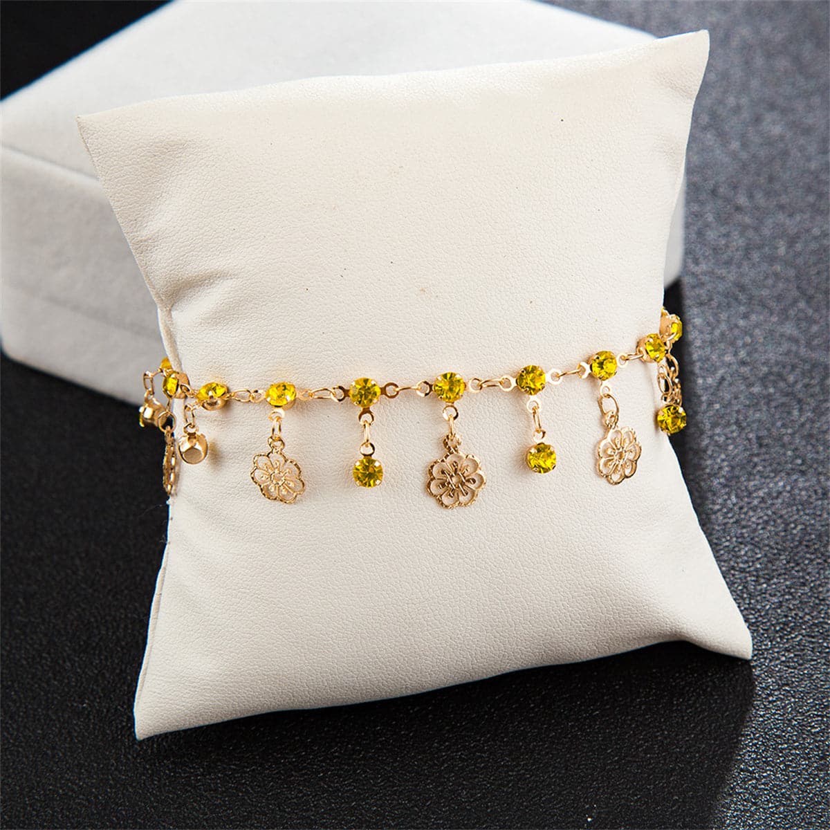 Yellow Cubic Zirconia & 18K Gold-Plated Floral Station Anklet