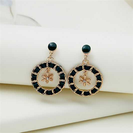 Black Ribbon and Enamel 18K Gold-Plated Snowflake Drop Earrings, gold drop earrings for women, front view