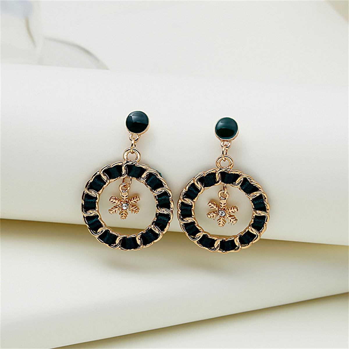 Black Ribbon & Enamel 18K Gold-Plated Snowflake Drop Earrings