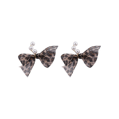 Pearl and Silk Leopard Print Bow Drop Earrings, drop earrings for women, everyday style, front view