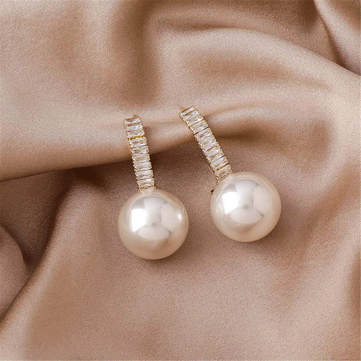 Pearl and Cubic Zirconia Drop Earrings, drop earrings for women, dainty minimalist design, front view