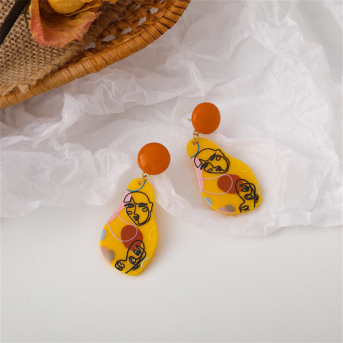 Yellow & Orange Drawing Geometric Drop Earrings