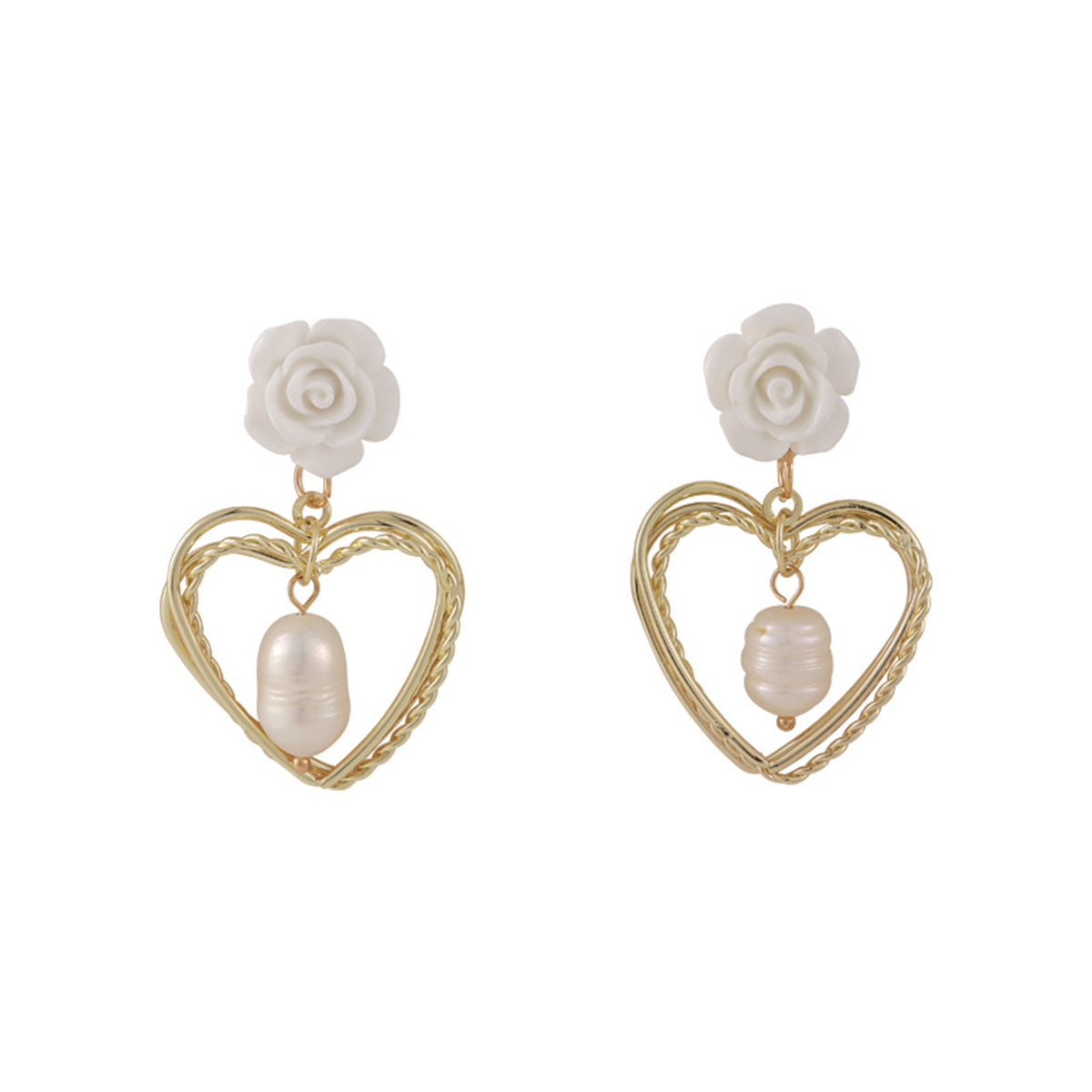 Pearl & Resin 18K Gold-Plated Stacked Heart Drop Earrings