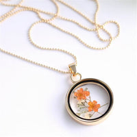 Orange & Goldtone Pressed Peach Blossom Round Pendant Necklace
