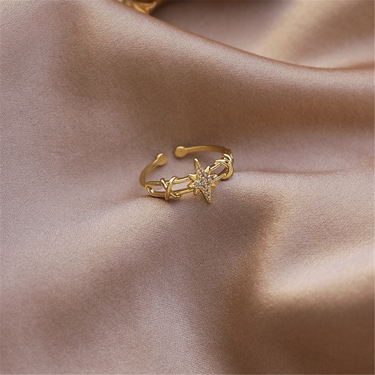 Cubic Zirconia & 18K Gold-Plated Star Open-Band Ring
