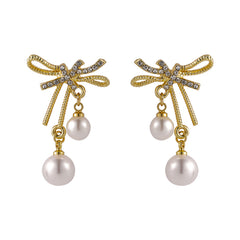 Cubic Zirconia & Pearl 18K Gold-Plated Bow Ribbon Drop Earrings