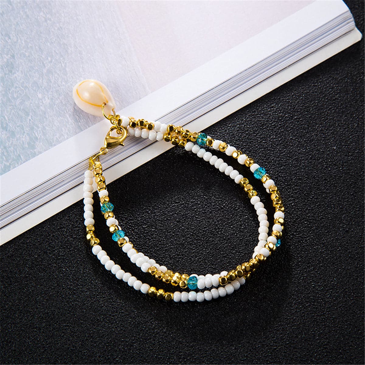 White & 18K Gold-Plated Seashell Beaded Layered Anklet