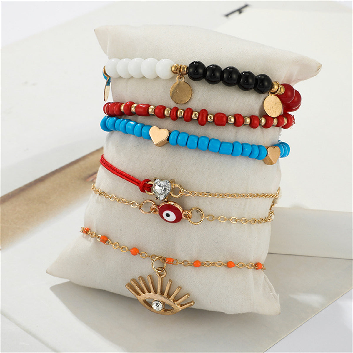 Red & Blue Beaded Evil Eye Anklet Set