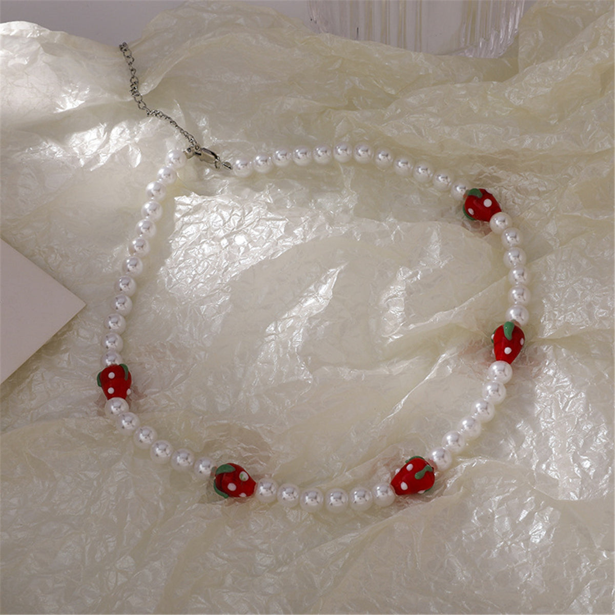 Pearl and Resin Silver-Plated Strawberry Station Necklace, silver pendant necklace for women, styled look
