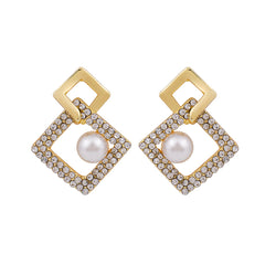 Cubic Zirconia & Pearl Interlocked Rhombus Drop Earrings